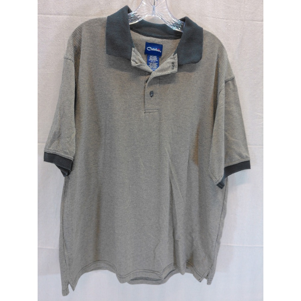 Catalina Mens Large Polo Shirt Grey Black Houndstooth Short Sleeve Cotton Blend